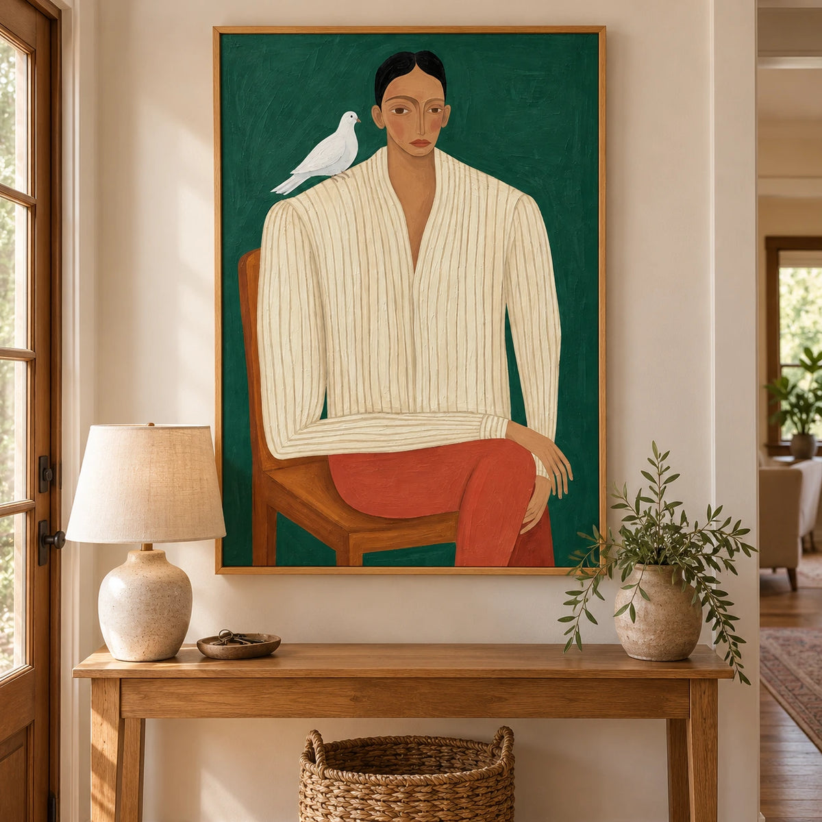 Seated Woman with White Dove Oil Painting | Green Background Striped Shirt and Rust Trousers Figurative Wall Art #OA 1681