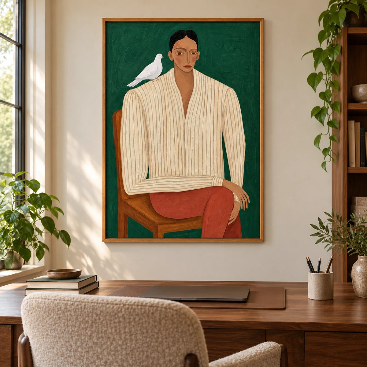 Seated Woman with White Dove Oil Painting | Green Background Striped Shirt and Rust Trousers Figurative Wall Art #OA 1681