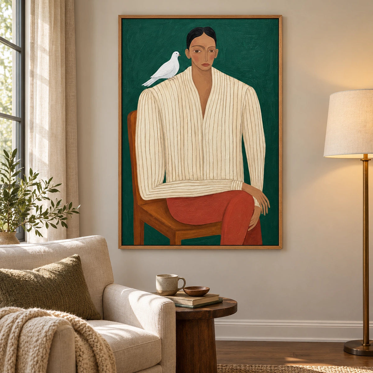 Seated Woman with White Dove Oil Painting | Green Background Striped Shirt and Rust Trousers Figurative Wall Art #OA 1681