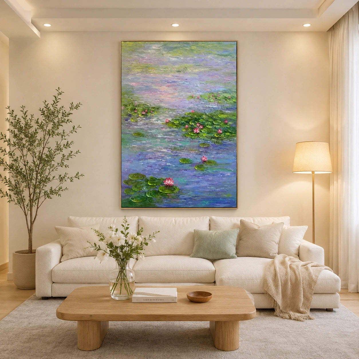 Serene Water Lily Pond Hand-Painted Impasto Oil Painting, Blue Green Lotus Floral Canvas Wall Art for Living Room, Bedroom and Luxury Interiors | OwnanartOA 1228