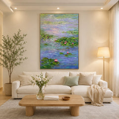 Blue Green Water Lily Pond Oil Painting | Floral Impasto Wall Art #OA 1228