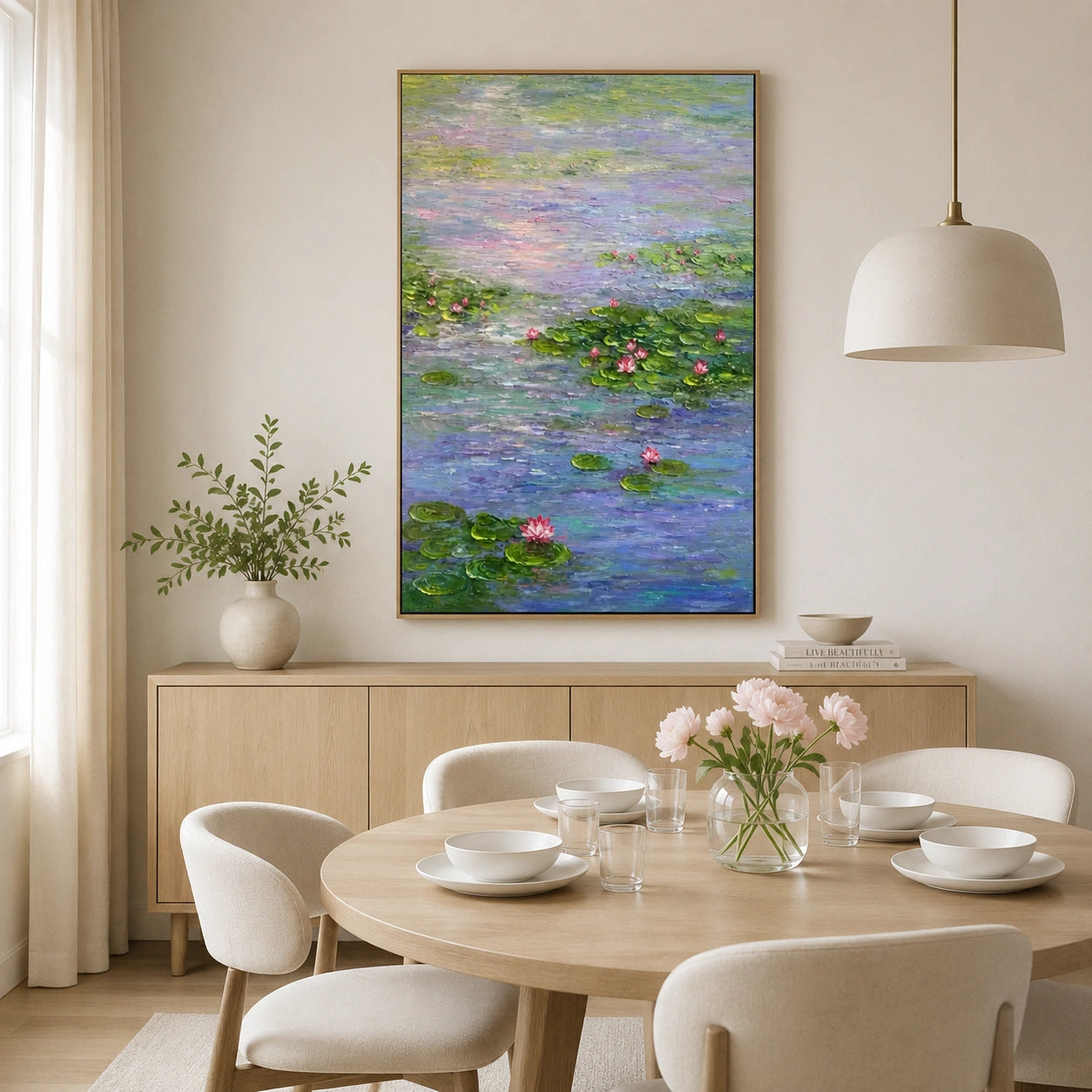 Serene Water Lily Pond Hand-Painted Impasto Oil Painting, Blue Green Lotus Floral Canvas Wall Art for Living Room, Bedroom and Luxury Interiors | OwnanartOA 1228