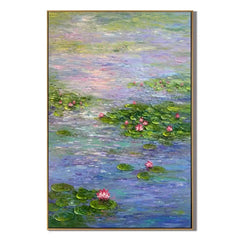 Serene Water Lily Pond Hand-Painted Impasto Oil Painting, Blue Green Lotus Floral Canvas Wall Art for Living Room, Bedroom and Luxury Interiors | OwnanartOA 1228