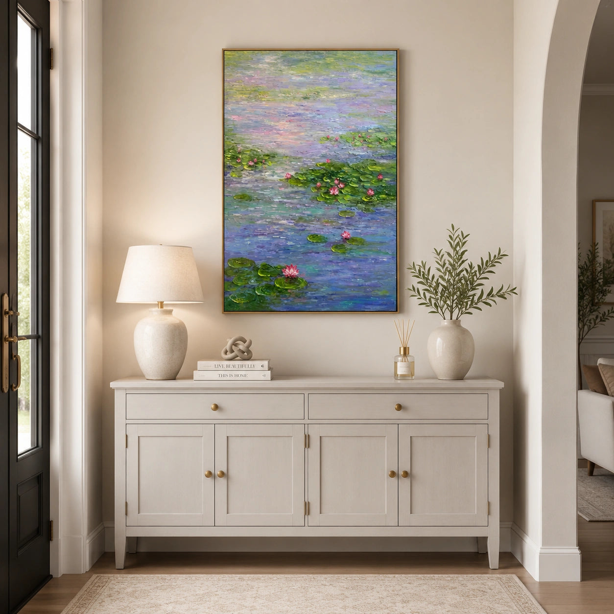Serene Water Lily Pond Hand-Painted Impasto Oil Painting, Blue Green Lotus Floral Canvas Wall Art for Living Room, Bedroom and Luxury Interiors | OwnanartOA 1228