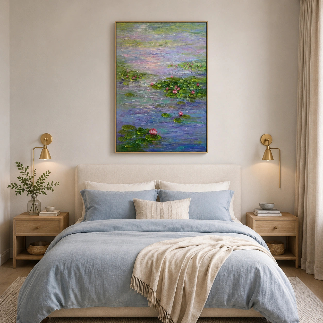 Serene Water Lily Pond Hand-Painted Impasto Oil Painting, Blue Green Lotus Floral Canvas Wall Art for Living Room, Bedroom and Luxury Interiors | OwnanartOA 1228