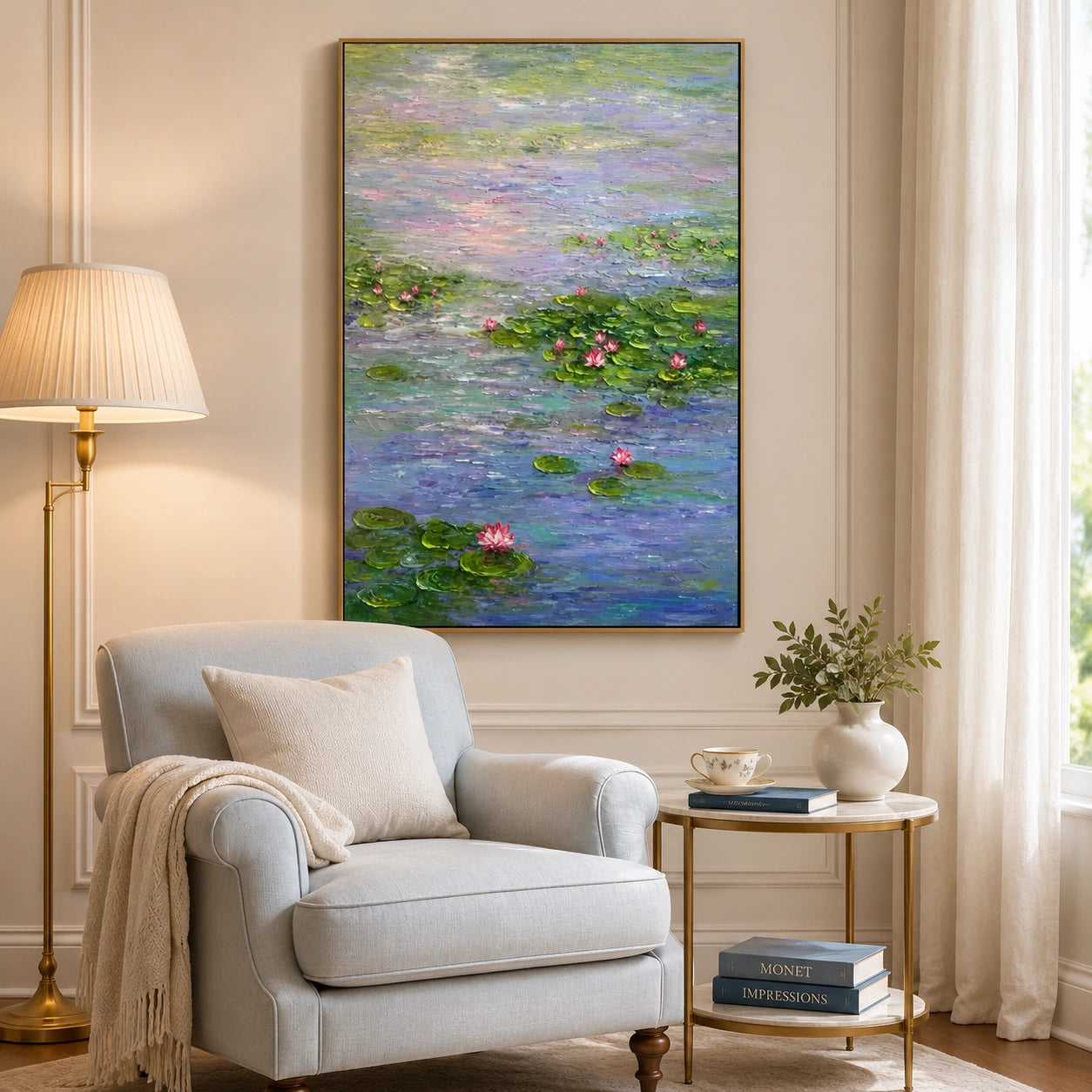 Serene Water Lily Pond Hand-Painted Impasto Oil Painting, Blue Green Lotus Floral Canvas Wall Art for Living Room, Bedroom and Luxury Interiors | OwnanartOA 1228