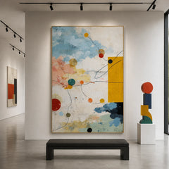Sky Blue, Cream and Mustard Yellow Geometric Abstract Oil Painting – Vertical Mid-Century Modern Wall Art | Ownanart # OA 1206