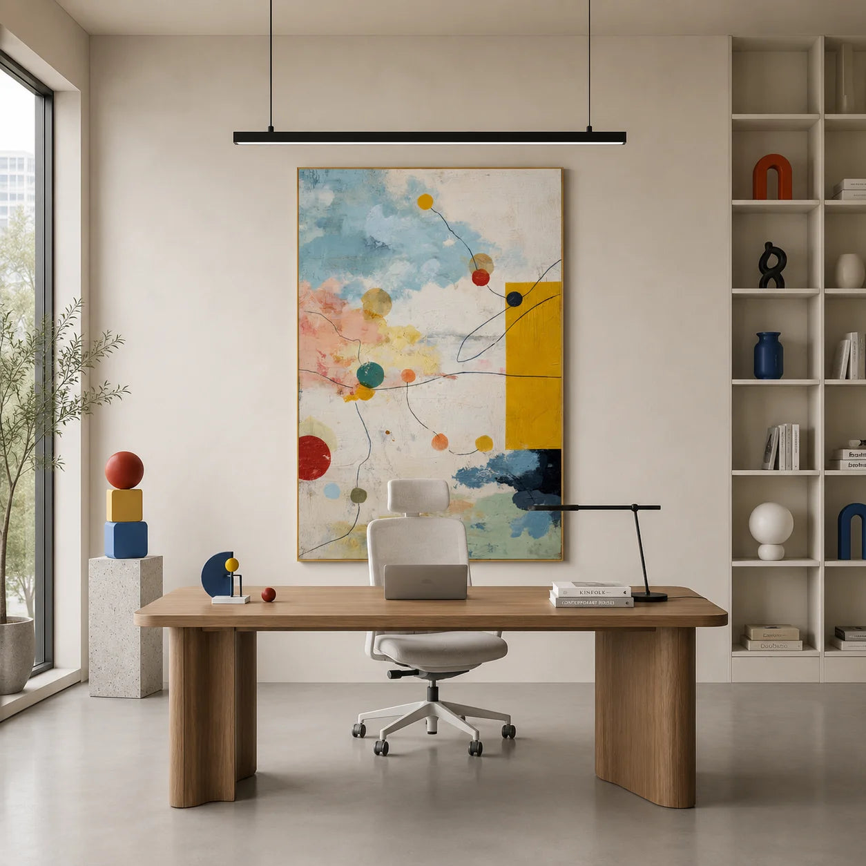 Sky Blue, Cream and Mustard Yellow Geometric Abstract Oil Painting – Vertical Mid-Century Modern Wall Art | Ownanart # OA 1206