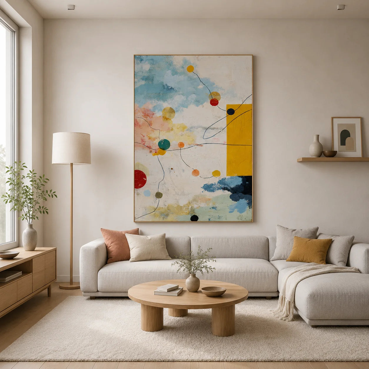 Sky Blue, Cream and Mustard Yellow Geometric Abstract Oil Painting – Vertical Mid-Century Modern Wall Art | Ownanart # OA 1206