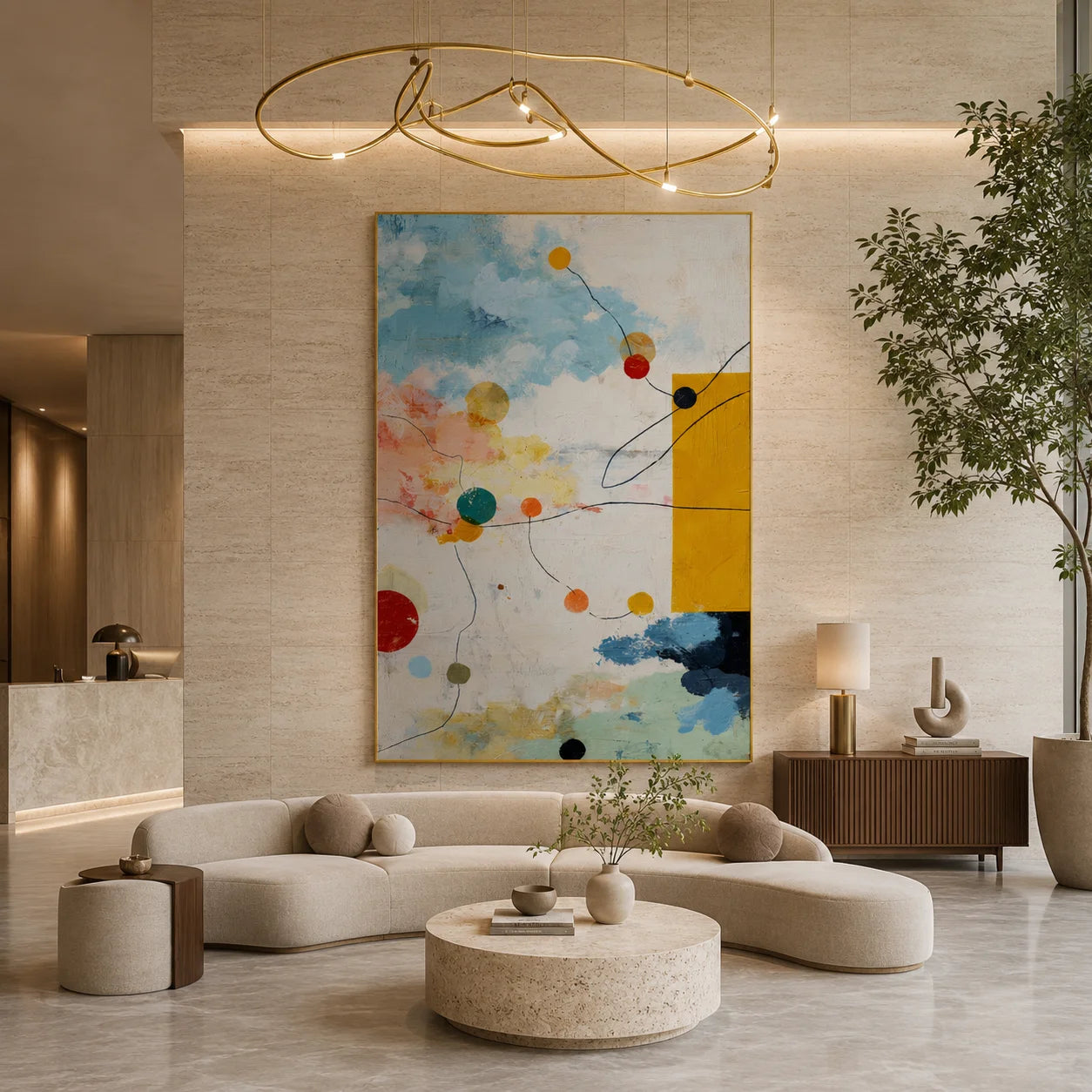 Sky Blue, Cream and Mustard Yellow Geometric Abstract Oil Painting – Vertical Mid-Century Modern Wall Art | Ownanart # OA 1206