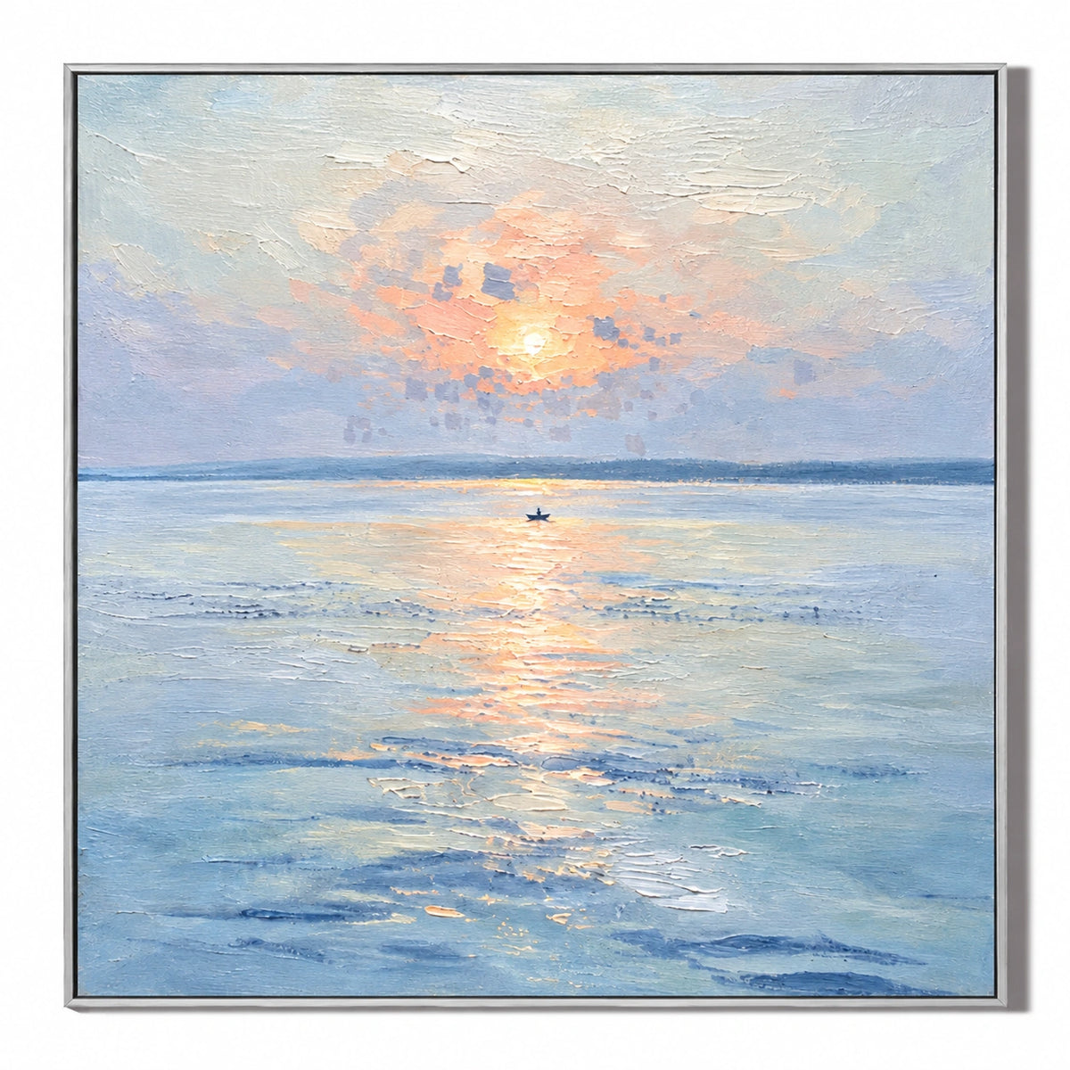 Small Boat under Pastel Sunset Oil Painting | Peach Light Blue Water and Gentle Reflections Square Seascape Wall Art OA 1738