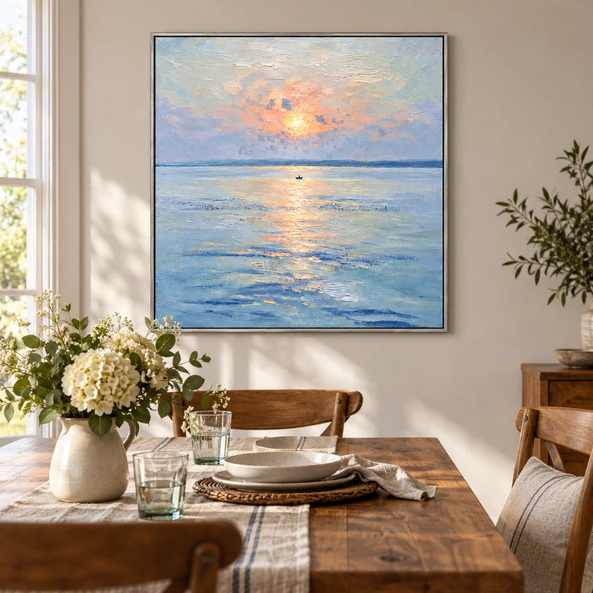 Small Boat under Pastel Sunset Oil Painting | Peach Light Blue Water and Gentle Reflections Square Seascape Wall Art OA 1738