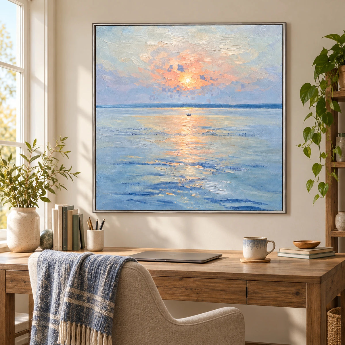 Small Boat under Pastel Sunset Oil Painting | Peach Light Blue Water and Gentle Reflections Square Seascape Wall Art OA 1738