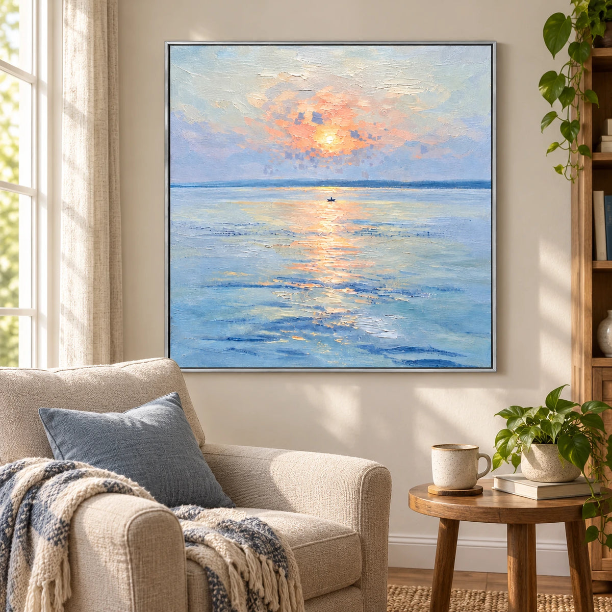 Small Boat under Pastel Sunset Oil Painting | Peach Light Blue Water and Gentle Reflections Square Seascape Wall Art OA 1738