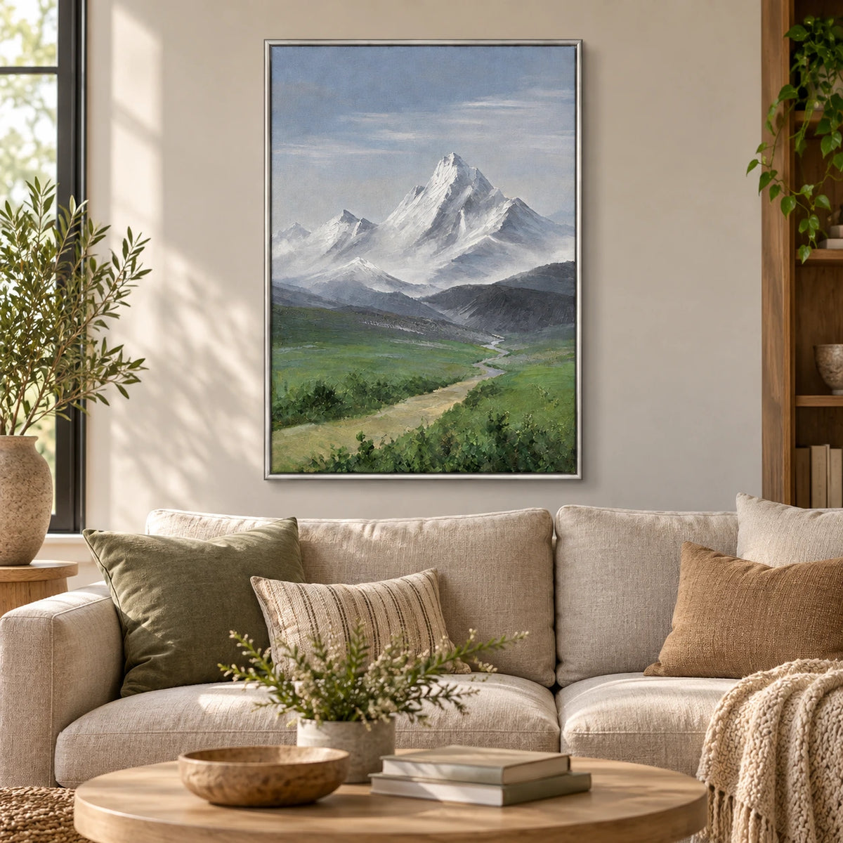 Snow Mountain and Green Valley Oil Painting | Alpine Peak with Winding River Vertical Landscape Wall Art #OA 1631