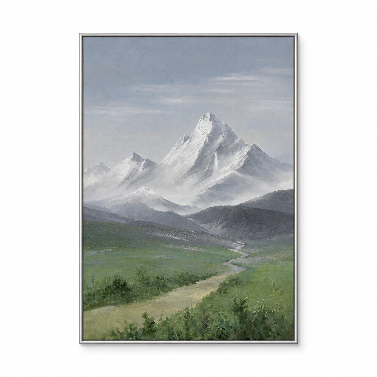 Snow Mountain and Green Valley Oil Painting | Alpine Peak with Winding River Vertical Landscape Wall Art #OA 1631