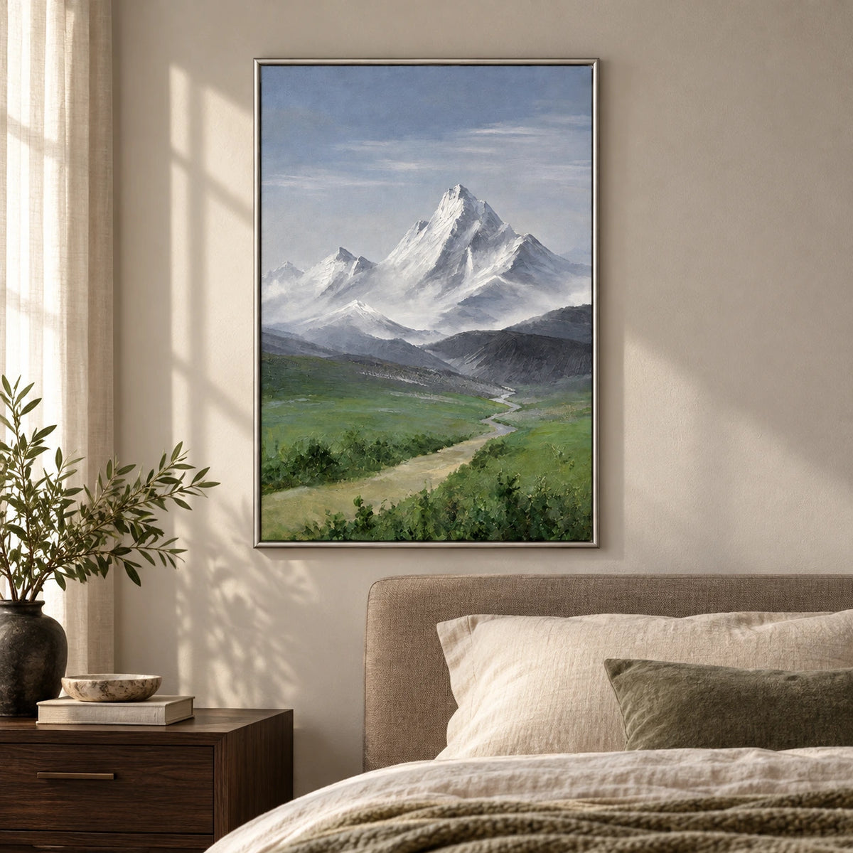 Snow Mountain and Green Valley Oil Painting | Alpine Peak with Winding River Vertical Landscape Wall Art #OA 1631