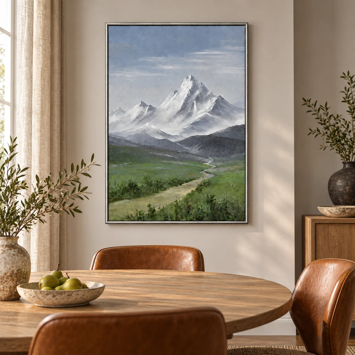 Snow Mountain and Green Valley Oil Painting | Alpine Peak with Winding River Vertical Landscape Wall Art #OA 1631