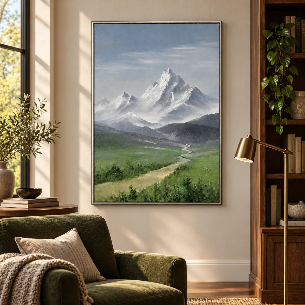 Snow Mountain and Green Valley Oil Painting | Alpine Peak with Winding River Vertical Landscape Wall Art #OA 1631