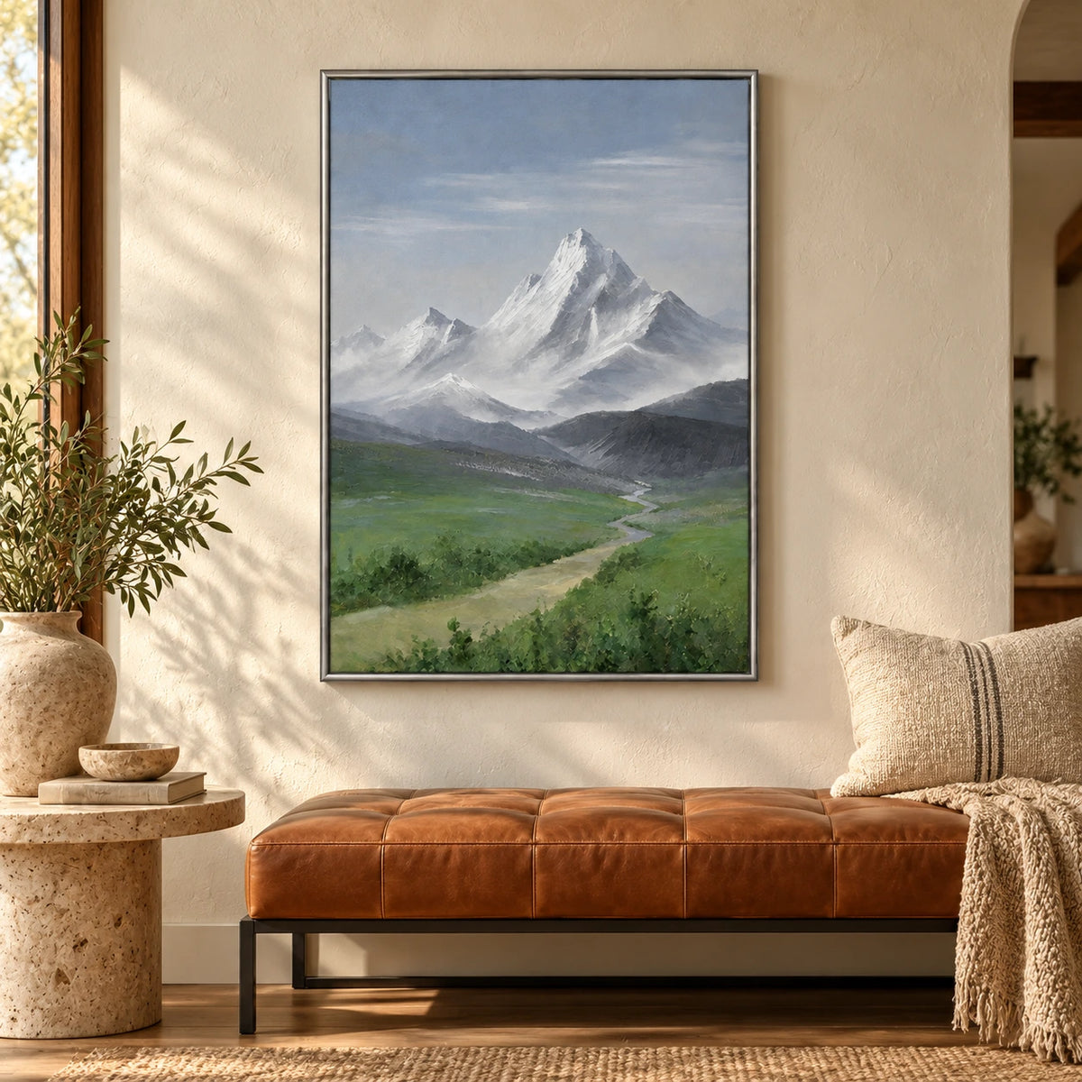 Snow Mountain and Green Valley Oil Painting | Alpine Peak with Winding River Vertical Landscape Wall Art #OA 1631