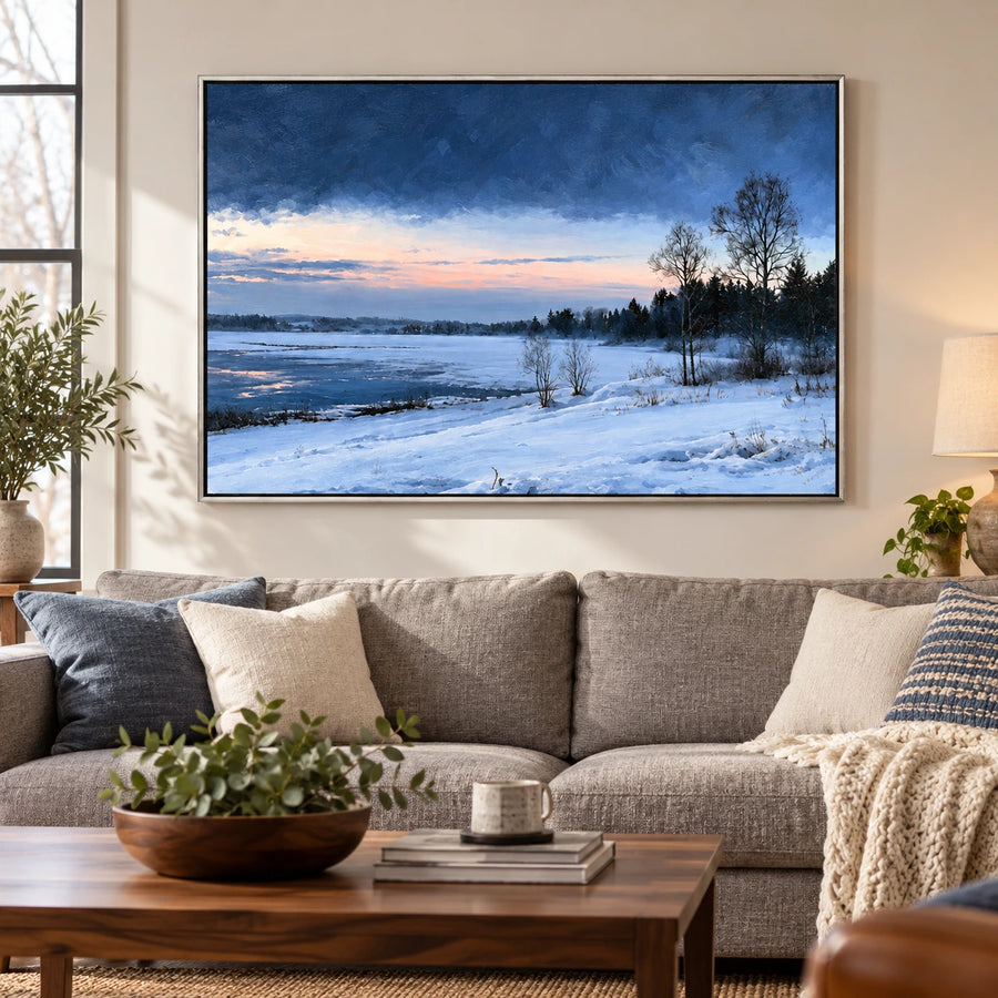 Snowy Lakeshore at Dusk Oil Painting | Blue Water Bare Trees and Pink Horizon Horizontal Winter Landscape Wall Art #OA 1737