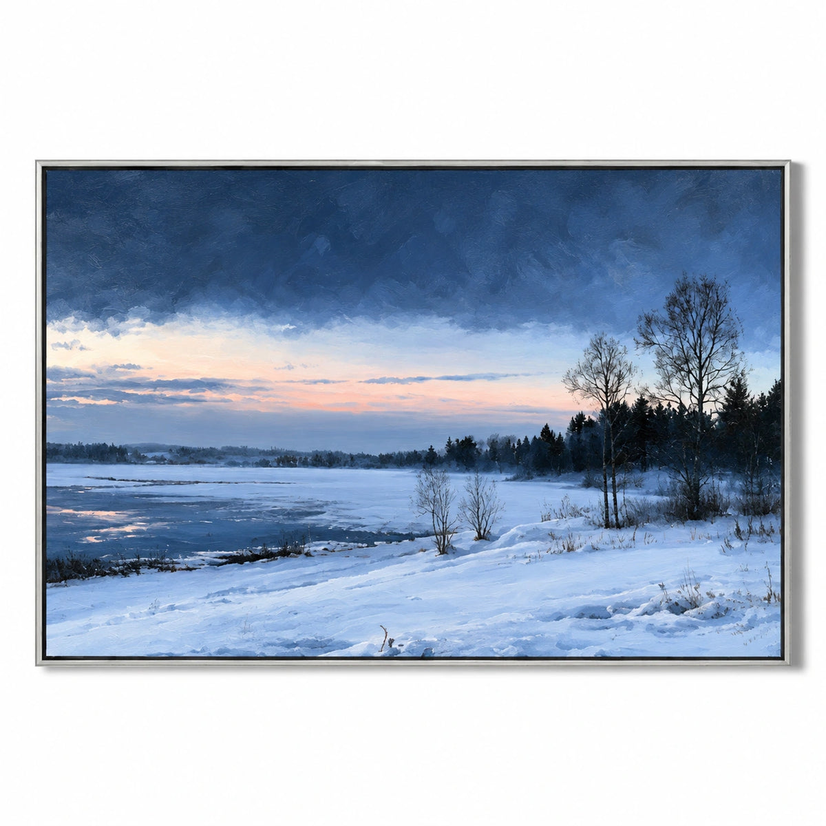 Snowy Lakeshore at Dusk Oil Painting | Blue Water Bare Trees and Pink Horizon Horizontal Winter Landscape Wall Art OA 1737