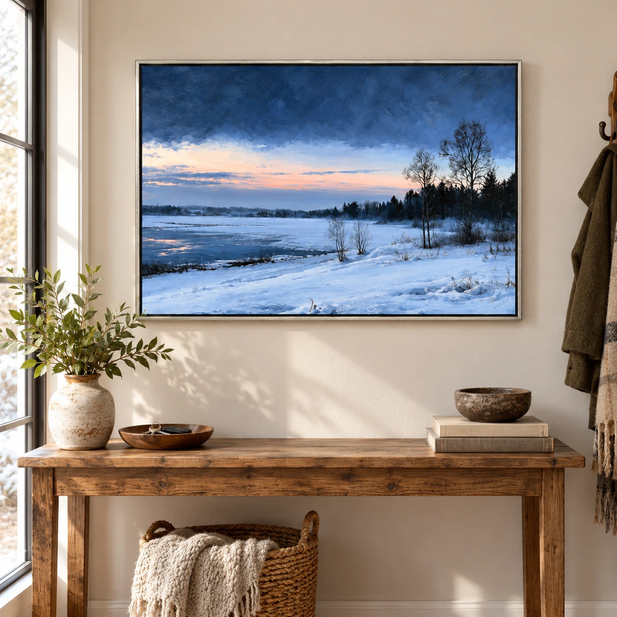 Snowy Lakeshore at Dusk Oil Painting | Blue Water Bare Trees and Pink Horizon Horizontal Winter Landscape Wall Art OA 1737