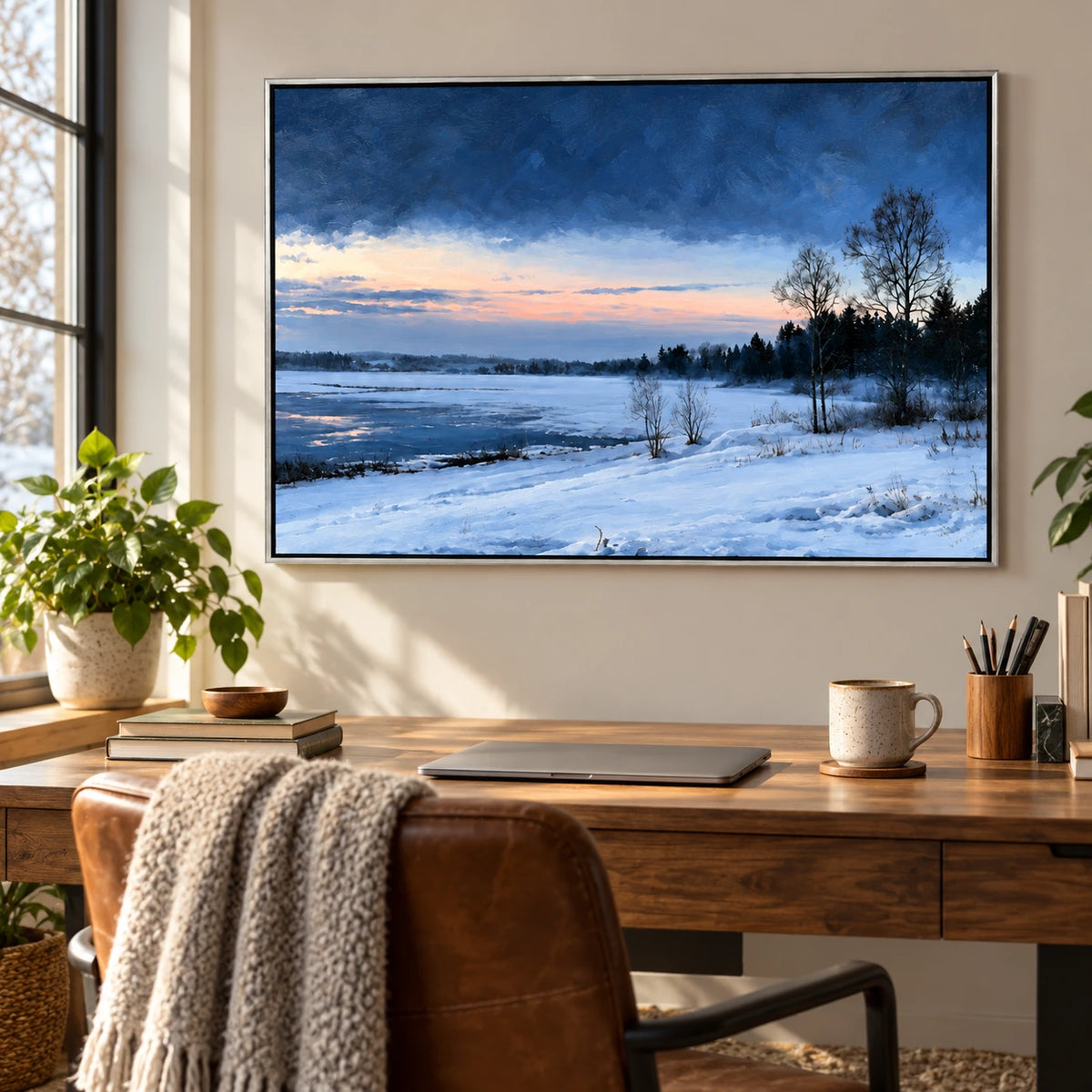 Snowy Lakeshore at Dusk Oil Painting | Blue Water Bare Trees and Pink Horizon Horizontal Winter Landscape Wall Art OA 1737