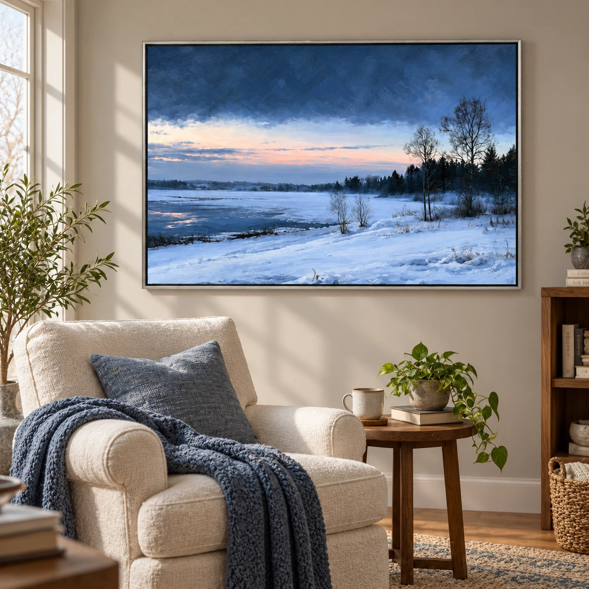 Snowy Lakeshore at Dusk Oil Painting | Blue Water Bare Trees and Pink Horizon Horizontal Winter Landscape Wall Art OA 1737