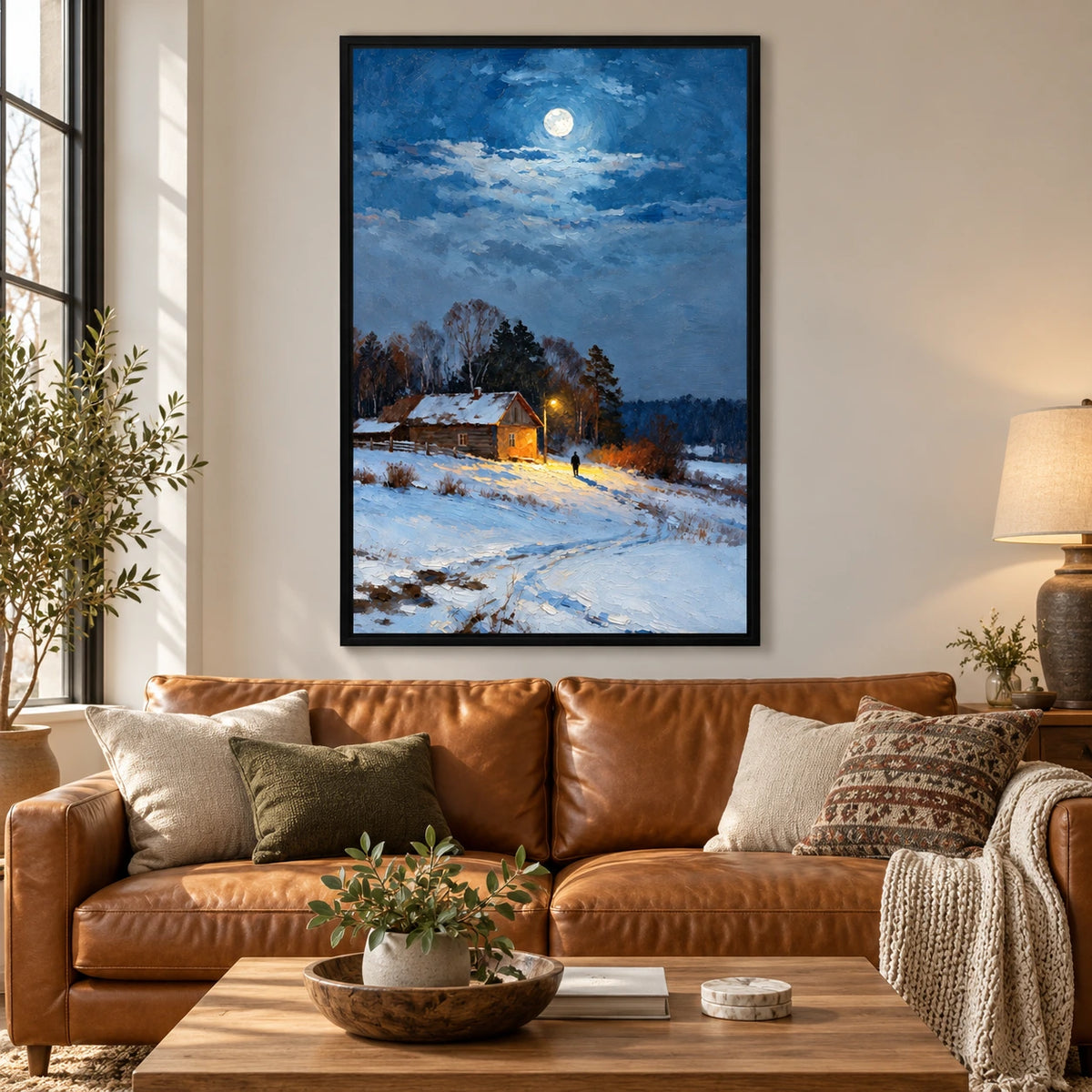 Snowy Log Cabin at Night Oil Painting | Warm Window Streetlamp and Lone Figure Vertical Winter Landscape Wall Art #OA 1709
