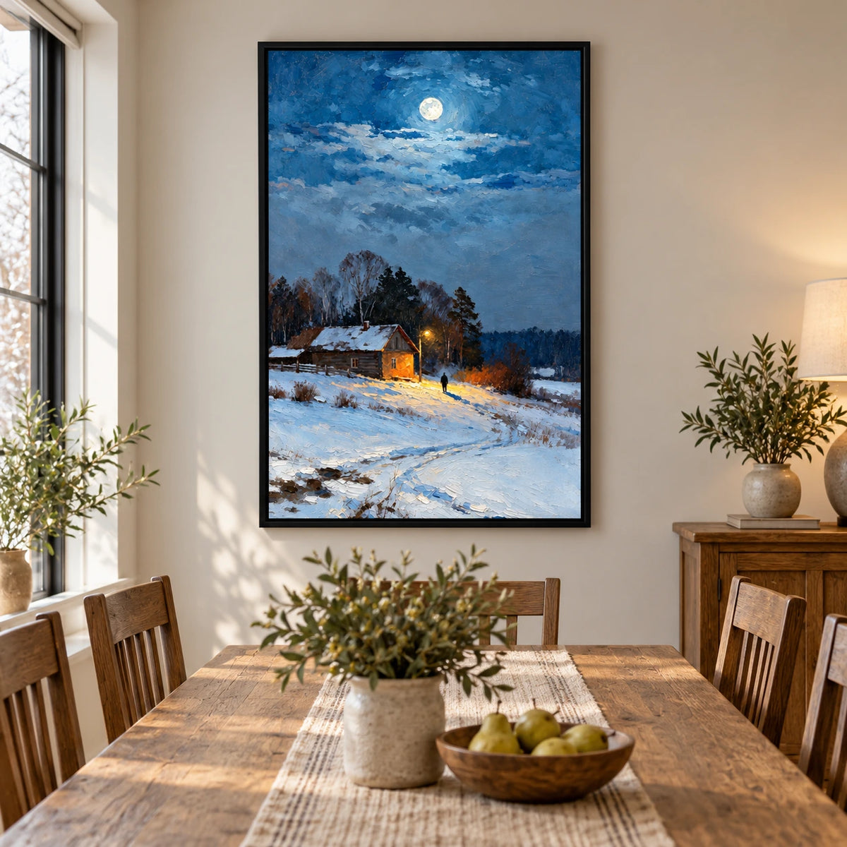 Snowy Log Cabin at Night Oil Painting | Warm Window Streetlamp and Lone Figure Vertical Winter Landscape Wall Art #OA 1709