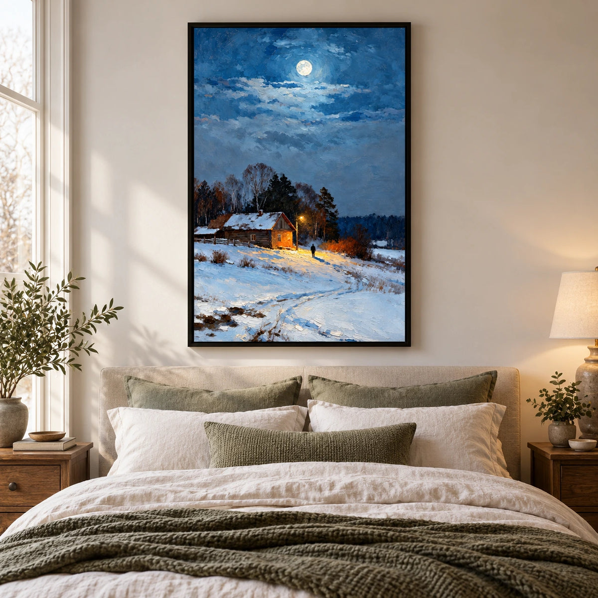Snowy Log Cabin at Night Oil Painting | Warm Window Streetlamp and Lone Figure Vertical Winter Landscape Wall Art #OA 1709