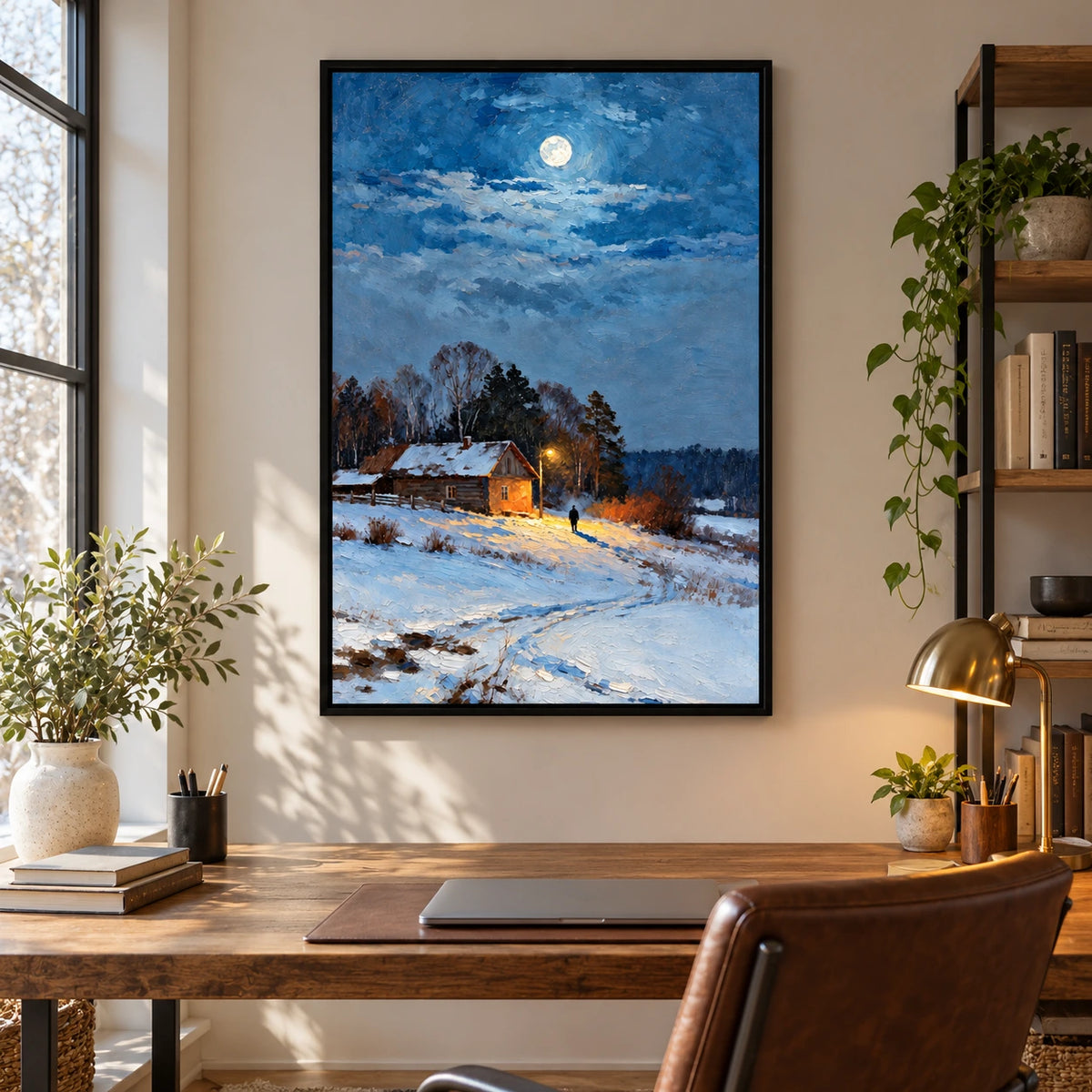 Snowy Log Cabin at Night Oil Painting | Warm Window Streetlamp and Lone Figure Vertical Winter Landscape Wall Art #OA 1709