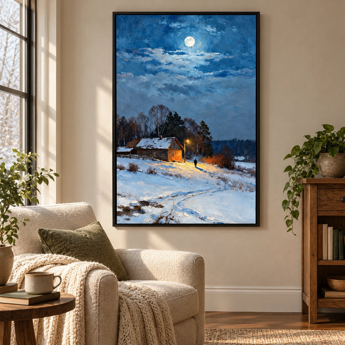 Snowy Log Cabin at Night Oil Painting | Warm Window Streetlamp and Lone Figure Vertical Winter Landscape Wall Art #OA 1709