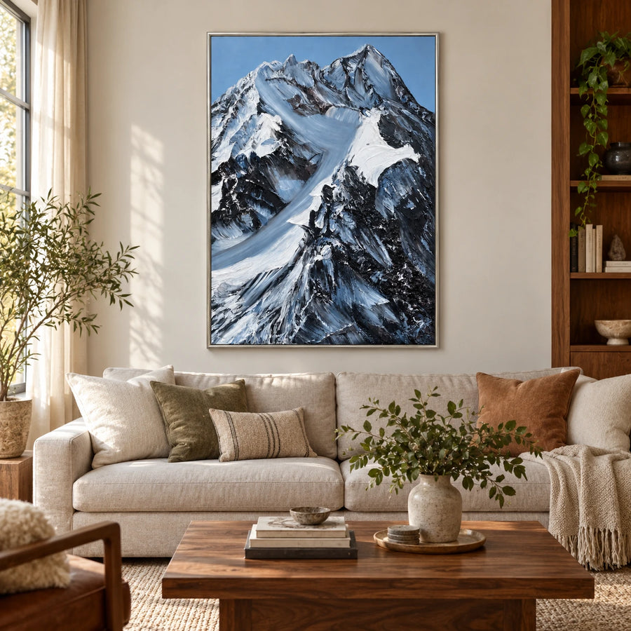 Snowy Mountain Peaks Oil Painting | Black Rock White Snow and Blue Sky Textured Vertical Alpine Landscape Wall Art #OA 1787