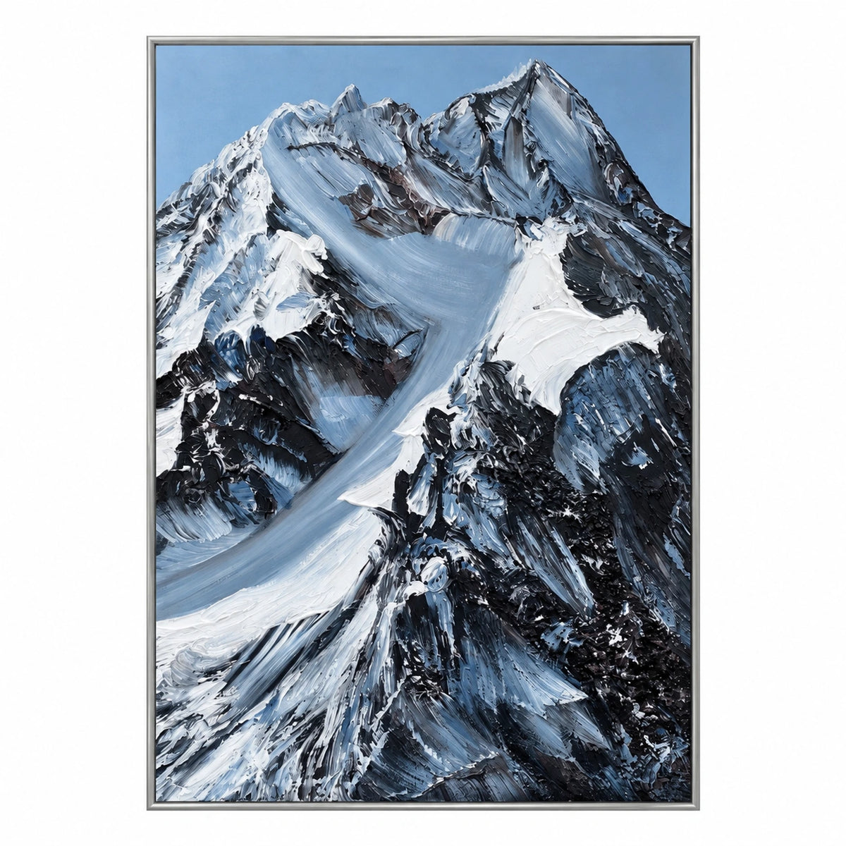 Snowy Mountain Peaks Oil Painting | Black Rock White Snow and Blue Sky Textured Vertical Alpine Landscape Wall Art OA 1787