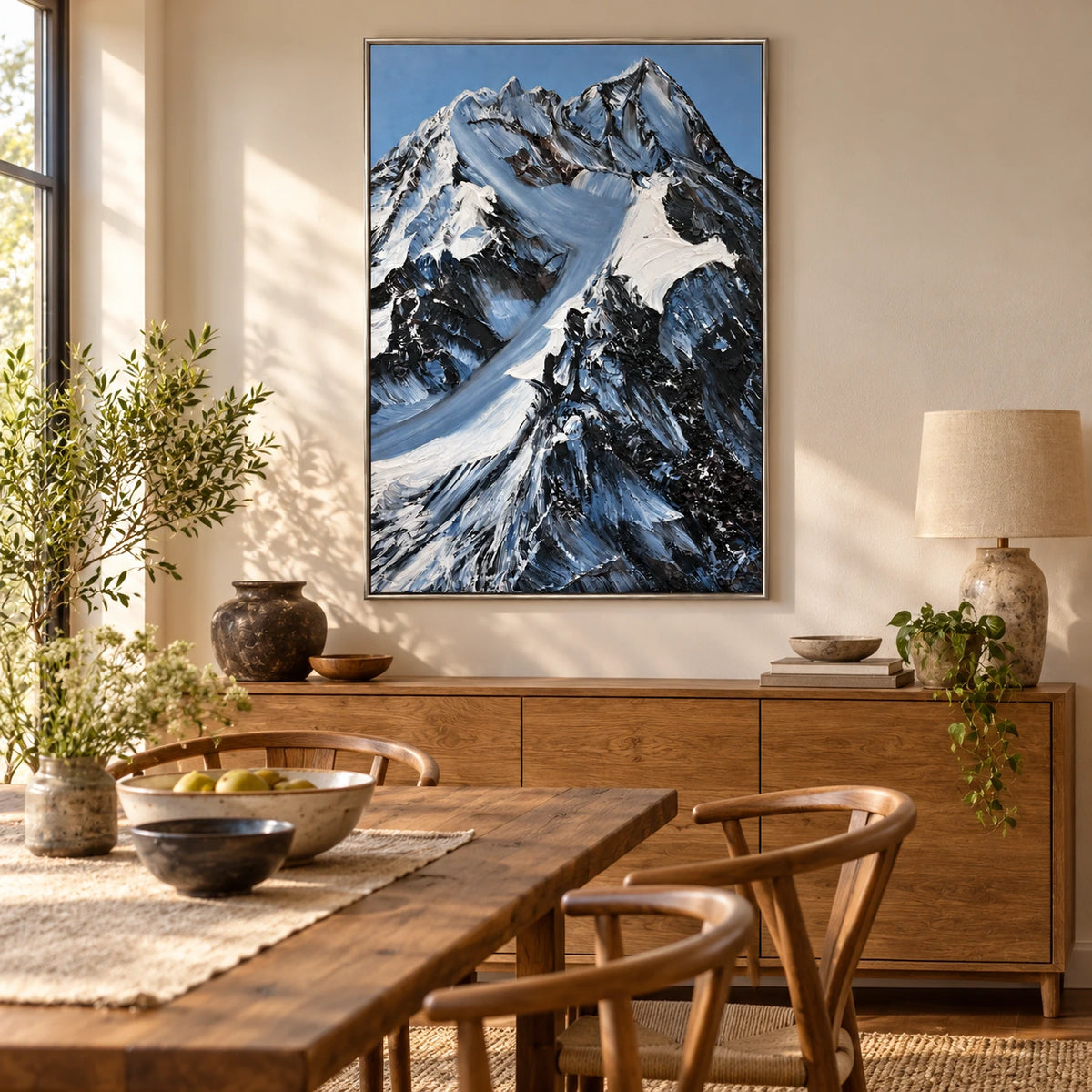 Snowy Mountain Peaks Oil Painting | Black Rock White Snow and Blue Sky Textured Vertical Alpine Landscape Wall Art OA 1787