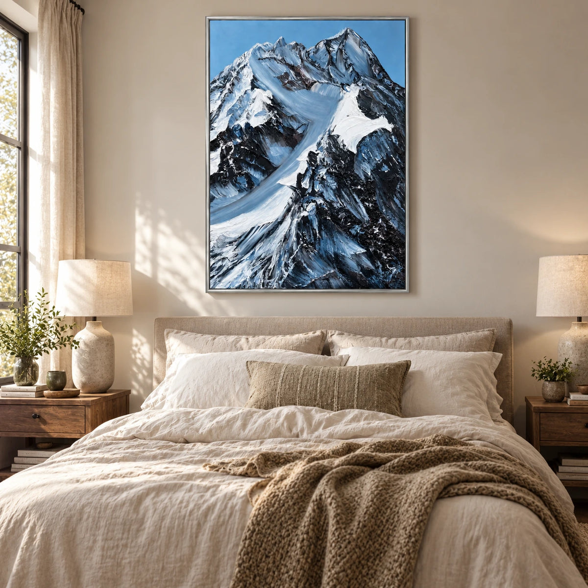 Snowy Mountain Peaks Oil Painting | Black Rock White Snow and Blue Sky Textured Vertical Alpine Landscape Wall Art OA 1787