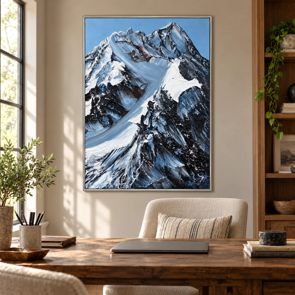 Snowy Mountain Peaks Oil Painting | Black Rock White Snow and Blue Sky Textured Vertical Alpine Landscape Wall Art OA 1787
