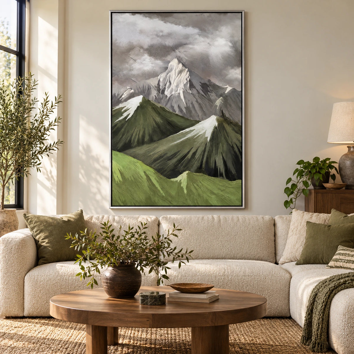 Snowy Mountain Peaks and Green Ridges Oil Painting | Grey Cloudy Sky Textured Vertical Alpine Landscape Wall Art #OA 1705
