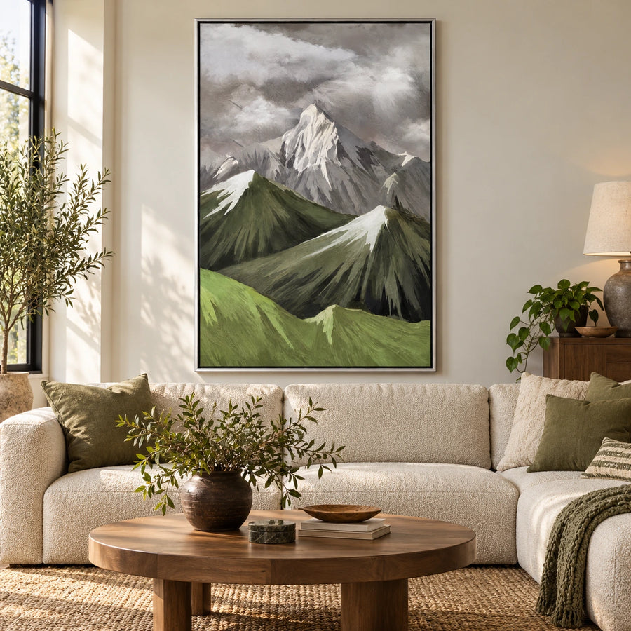 Snowy Mountain Peaks and Green Ridges Oil Painting | Grey Cloudy Sky Textured Vertical Alpine Landscape Wall Art #OA 1705