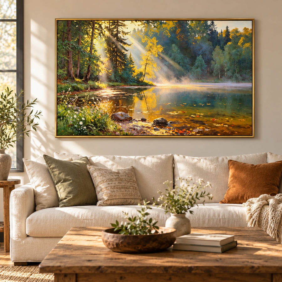 Sunbeams over Forest Lake Oil Painting | Golden Leaves Misty Water and Shoreline Wildflowers Horizontal Landscape Wall Art #OA 1724