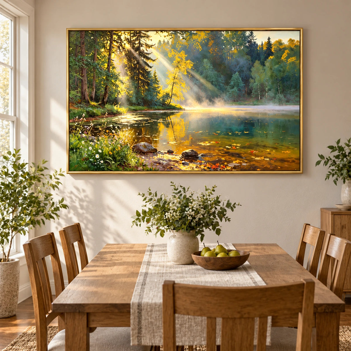 Sunbeams over Forest Lake Oil Painting | Golden Leaves Misty Water and Shoreline Wildflowers Horizontal Landscape Wall Art #OA 1724