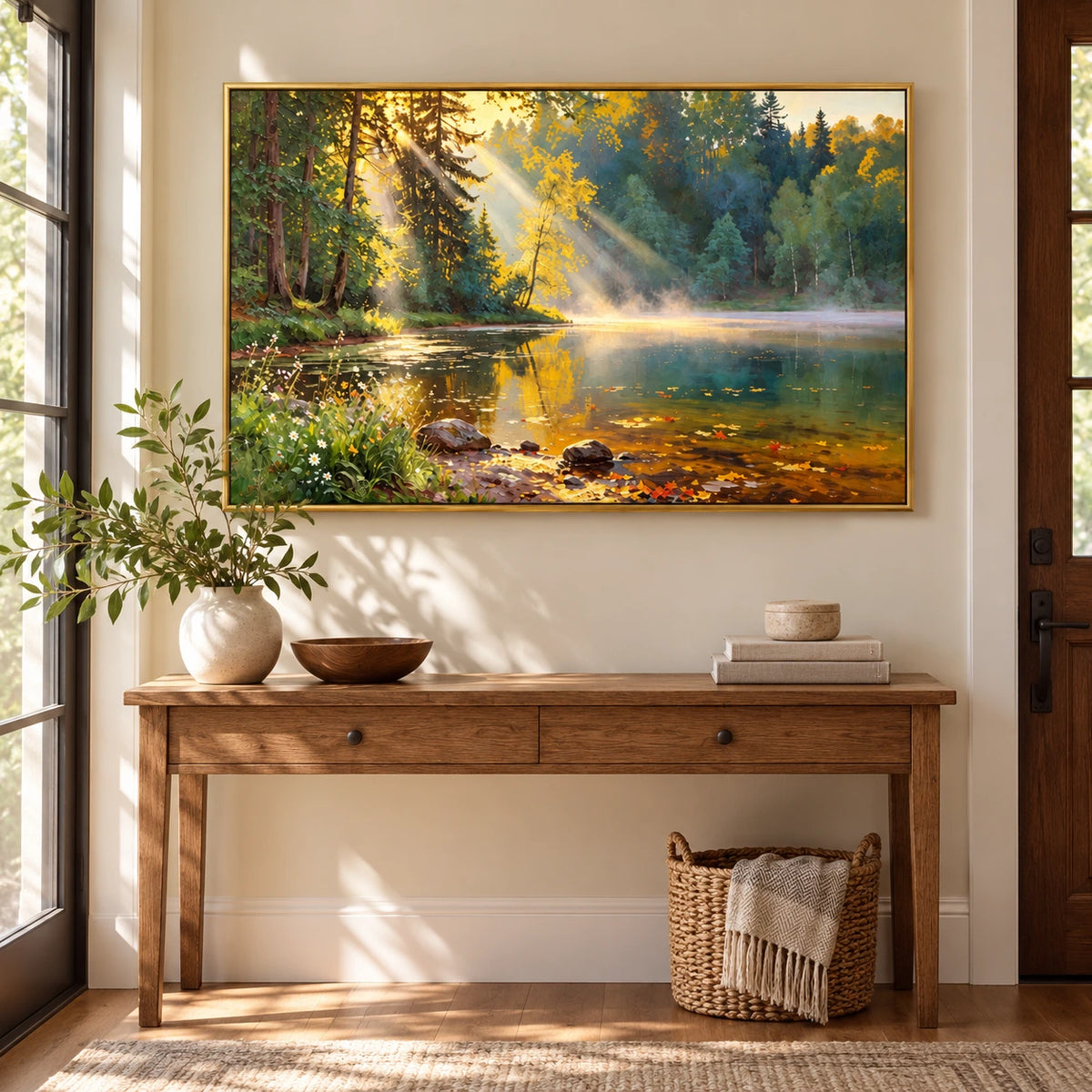Sunbeams over Forest Lake Oil Painting | Golden Leaves Misty Water and Shoreline Wildflowers Horizontal Landscape Wall Art #OA 1724