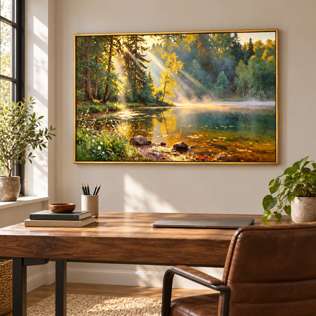 Sunbeams over Forest Lake Oil Painting | Golden Leaves Misty Water and Shoreline Wildflowers Horizontal Landscape Wall Art #OA 1724