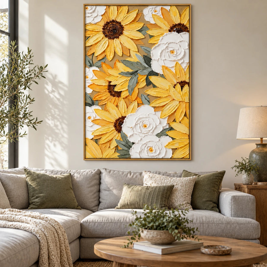 Sunflowers and White Roses Oil Painting | Yellow Blooms and Sage Leaves Textured Vertical Floral Canvas Wall Art #OA 1826