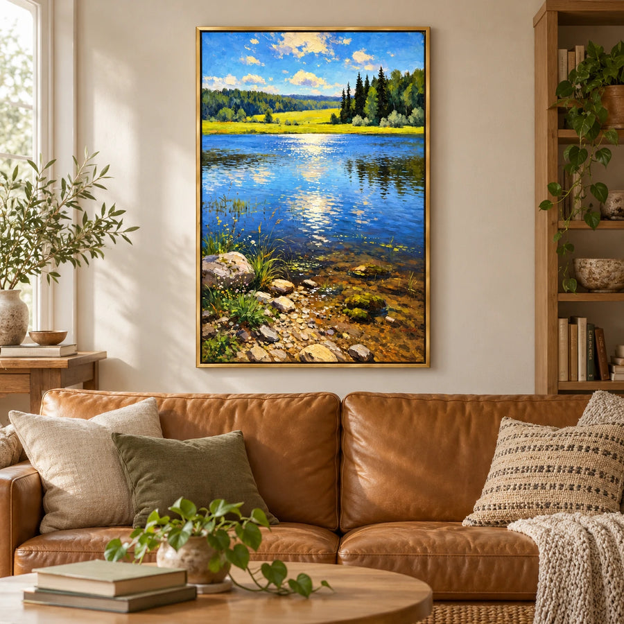 Sunlit Blue Lake Oil Painting | Green Meadow Pine Trees Rocky Shore and Golden Reflections Vertical Landscape Wall Art #OA 1752