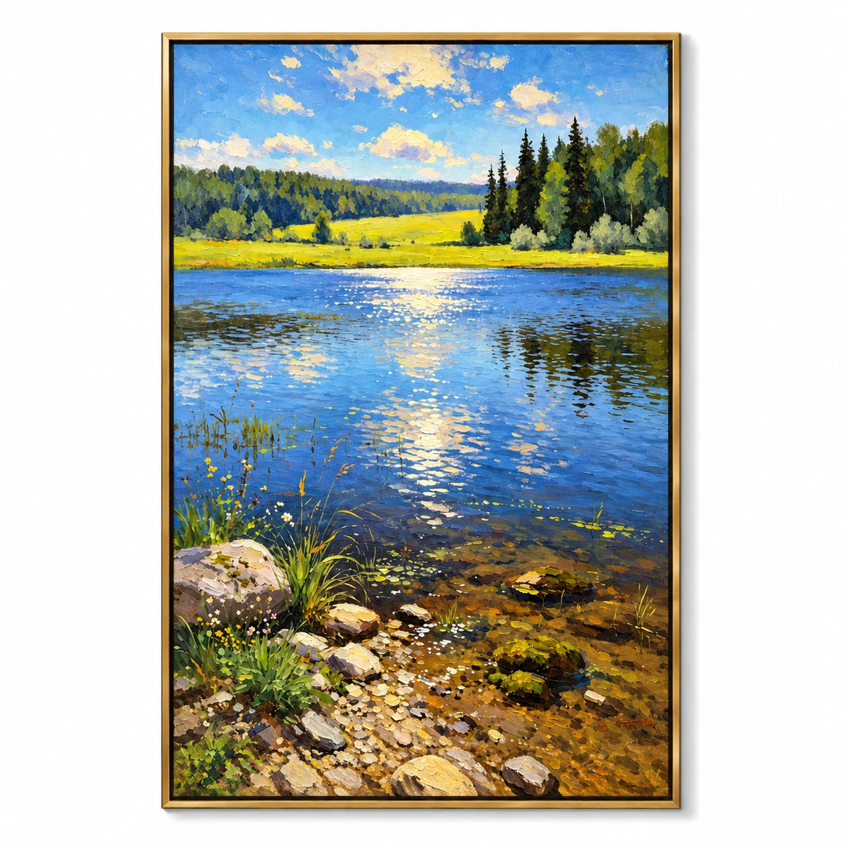 Sunlit Blue Lake Oil Painting | Green Meadow Pine Trees Rocky Shore and Golden Reflections Vertical Landscape Wall Art OA 1752