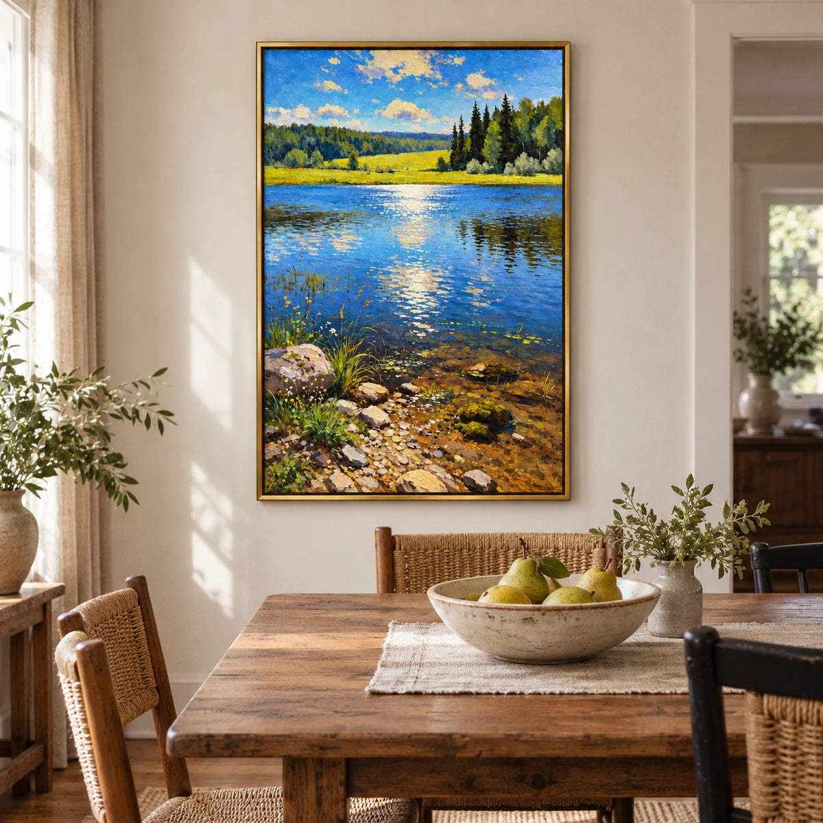 Sunlit Blue Lake Oil Painting | Green Meadow Pine Trees Rocky Shore and Golden Reflections Vertical Landscape Wall Art OA 1752