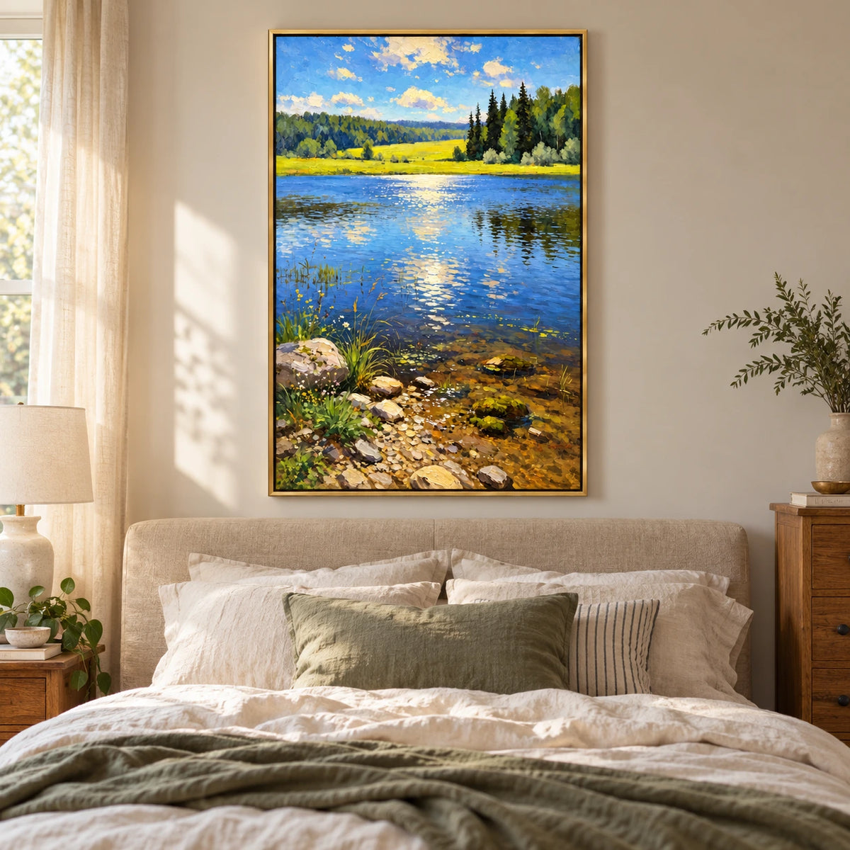 Sunlit Blue Lake Oil Painting | Green Meadow Pine Trees Rocky Shore and Golden Reflections Vertical Landscape Wall Art OA 1752